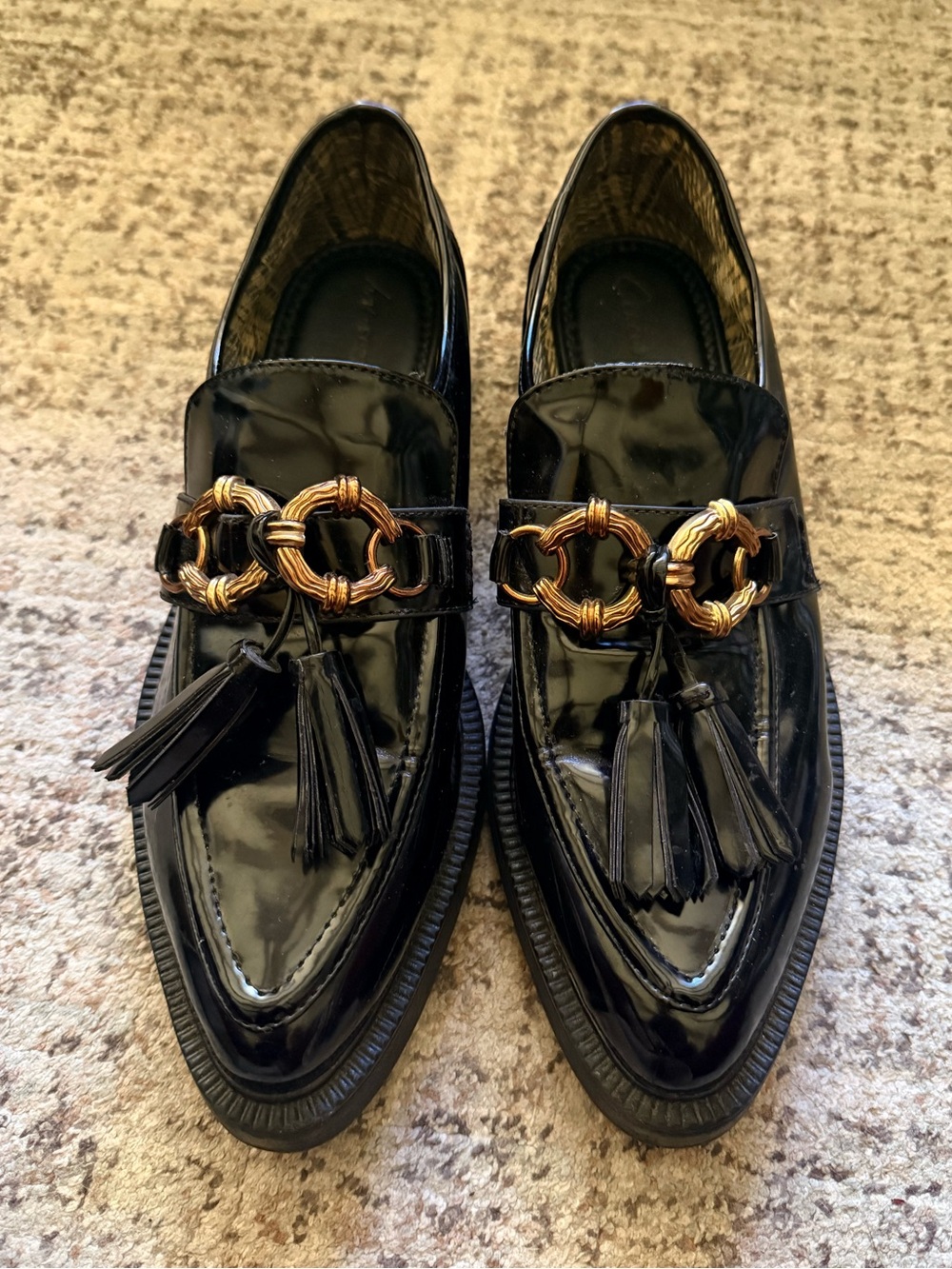 Women’s Black Patent Tassel Loafers with Gold Accent